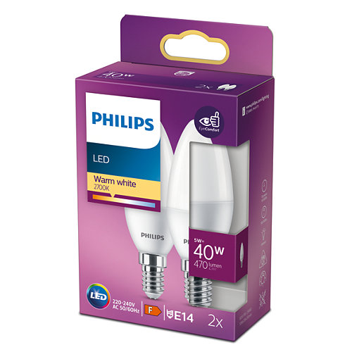 BEC LED Philips, soclu E14, putere 5W, forma lumanare, lumina alb calda, alimentare 220 - 240 V, 