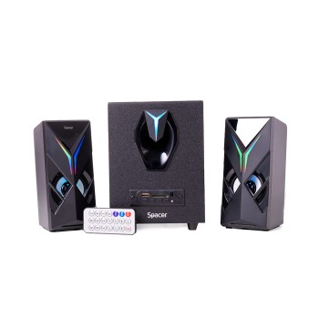 BOXE SPACER Gaming 2.1, RMS: 14W (2 x 3W + 8W), bluetooth, telecomanda wireless, control volum, bass, subwoofer lemn MDF, 220V alimentare, 3 x LED, USB/SD/AUX/radio FM, black, 