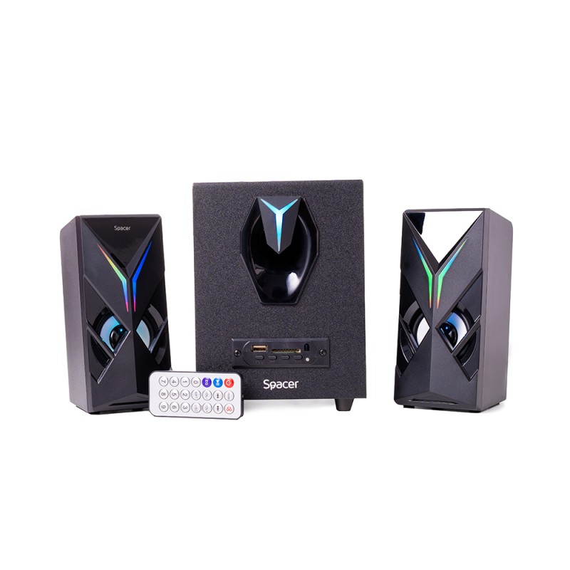 BOXE SPACER Gaming 2.1, RMS: 14W (2 x 3W + 8W), bluetooth, telecomanda wireless, control volum, bass, subwoofer lemn MDF, 220V alimentare, 3 x LED, USB/SD/AUX/radio FM, black, 