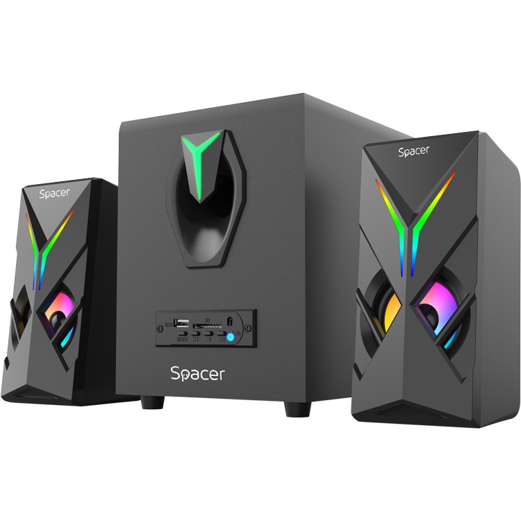 BOXE SPACER Gaming 2.1, RMS: 14W (2 x 3W + 8W), bluetooth, telecomanda wireless, control volum, bass, subwoofer lemn MDF, 220V alimentare, 3 x LED, USB/SD/AUX/radio FM, black, 