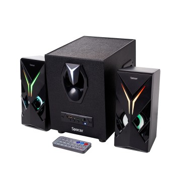 BOXE SPACER Gaming 2.1, RMS: 14W (2 x 3W + 8W), bluetooth, telecomanda wireless, control volum, bass, subwoofer lemn MDF, 220V alimentare, 3 x LED, USB/SD/AUX/radio FM, black, 