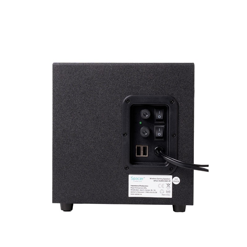 BOXE SPACER Gaming 2.1, RMS: 14W (2 x 3W + 8W), bluetooth, telecomanda wireless, control volum, bass, subwoofer lemn MDF, 220V alimentare, 3 x LED, USB/SD/AUX/radio FM, black, 