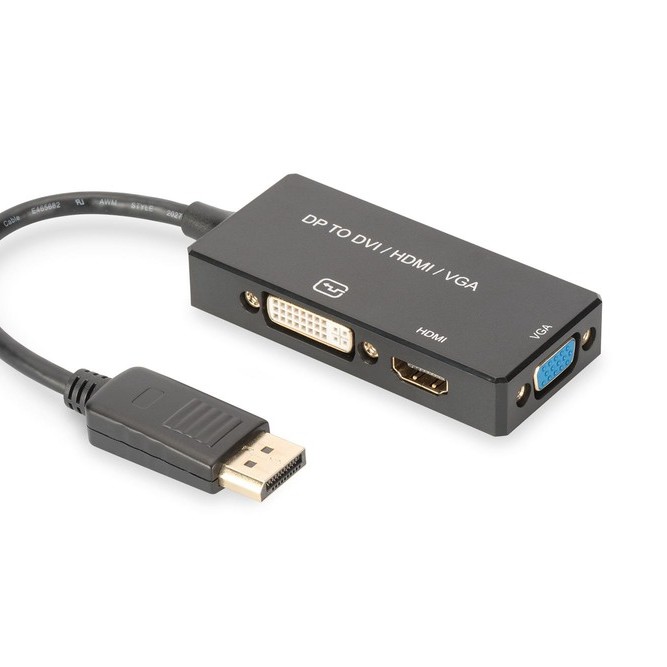 DIGITUS DisplayPort converter cable DP - HDMI+DVI+VGA M-F/F/F 0 2m 3 in 1 Multi-Media cable CE bl gold 