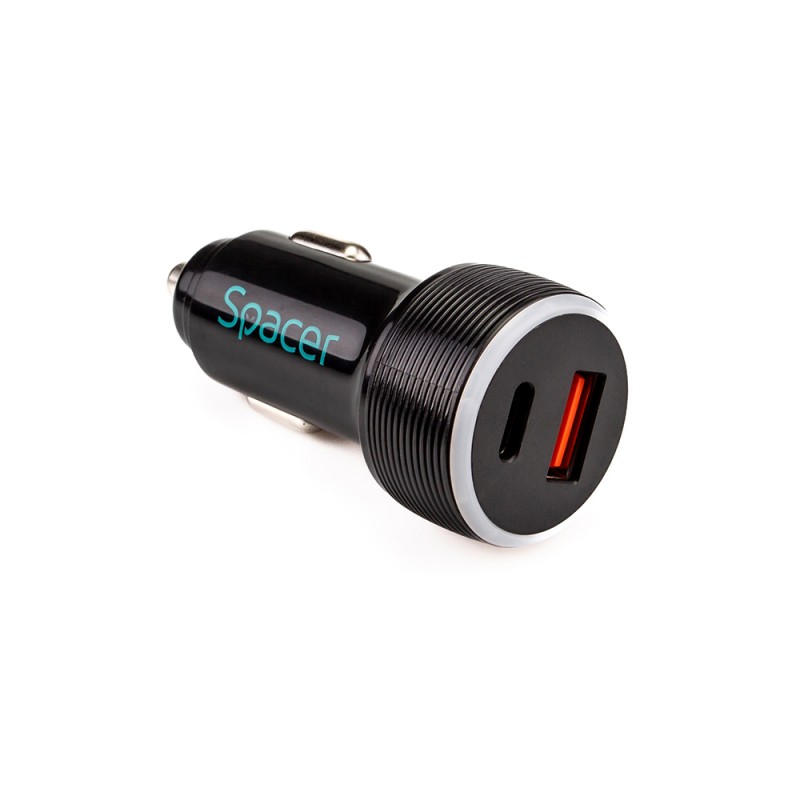 ALIMENTATOR auto SPACER Quick Charge 17W 3.1A max, putere totala 17W, LED ambiental, 1 x USB + 1 x USB Type-C, pt. bricheta auto, black, 