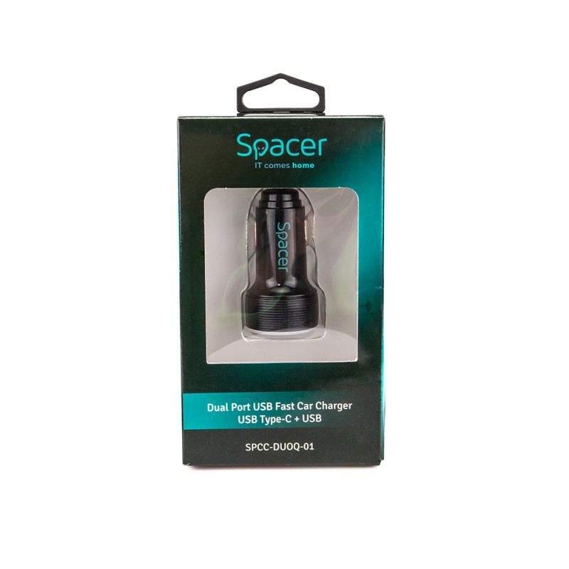 ALIMENTATOR auto SPACER Quick Charge 17W 3.1A max, putere totala 17W, LED ambiental, 1 x USB + 1 x USB Type-C, pt. bricheta auto, black, 