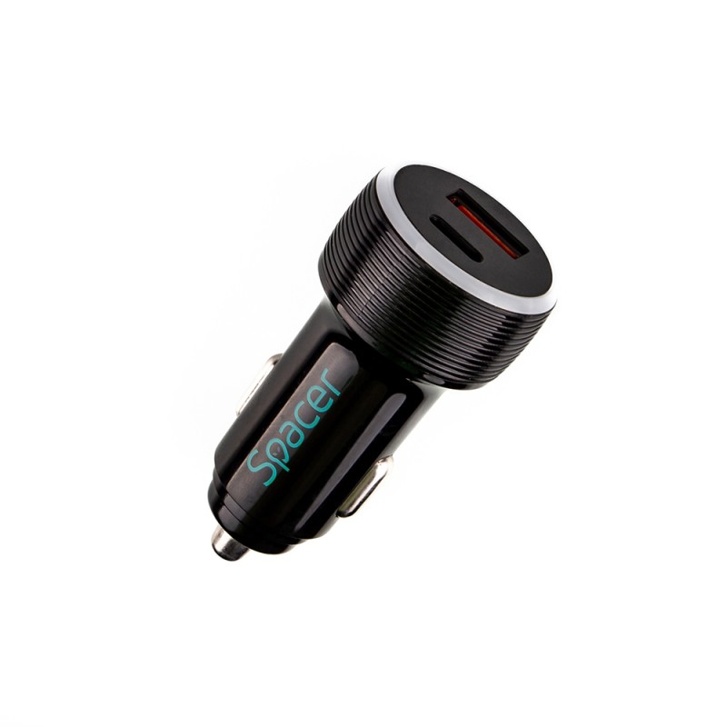 ALIMENTATOR auto SPACER Quick Charge 17W 3.1A max, putere totala 17W, LED ambiental, 1 x USB + 1 x USB Type-C, pt. bricheta auto, black, 