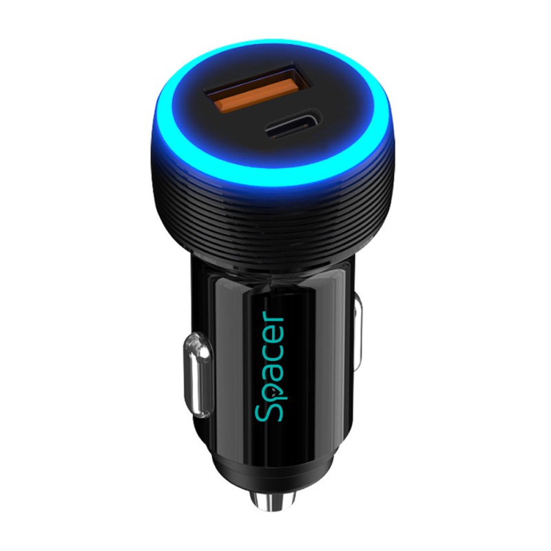 ALIMENTATOR auto SPACER Quick Charge 17W 3.1A max, putere totala 17W, LED ambiental, 1 x USB + 1 x USB Type-C, pt. bricheta auto, black, 