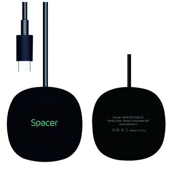 ALIMENTATOR wireless SPACER, Quick Charge 15W Qi, conector Type-C, rol de stand prin prindere magnetica, negru 