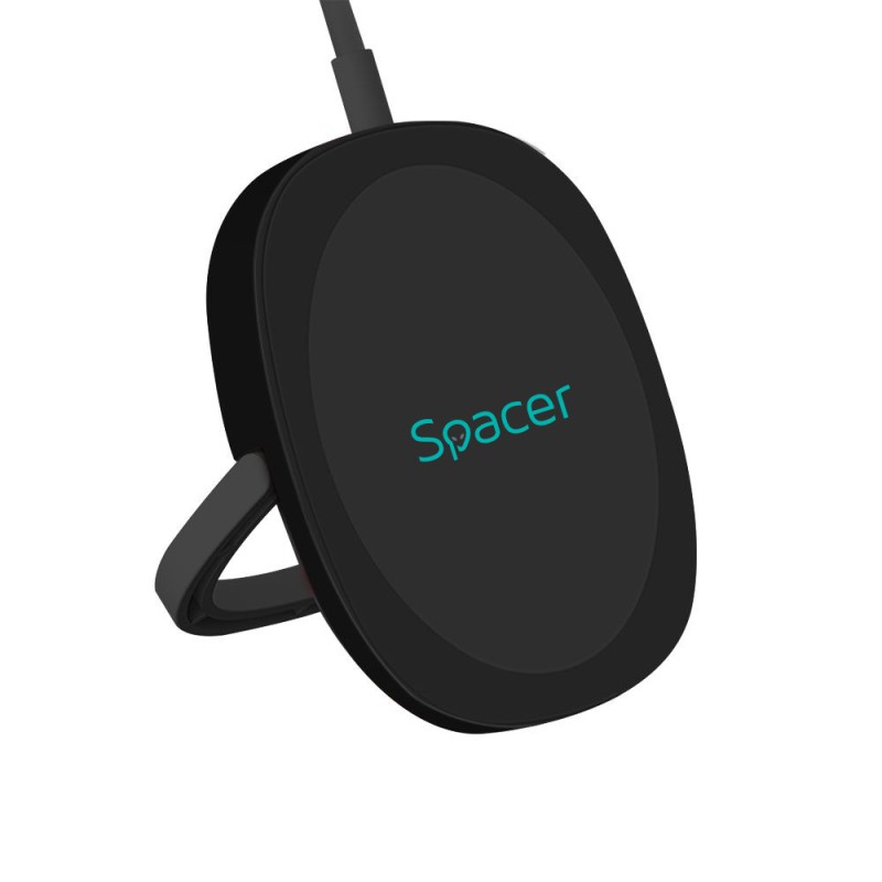 ALIMENTATOR wireless SPACER, Quick Charge 15W Qi, conector Type-C, rol de stand prin prindere magnetica, negru 