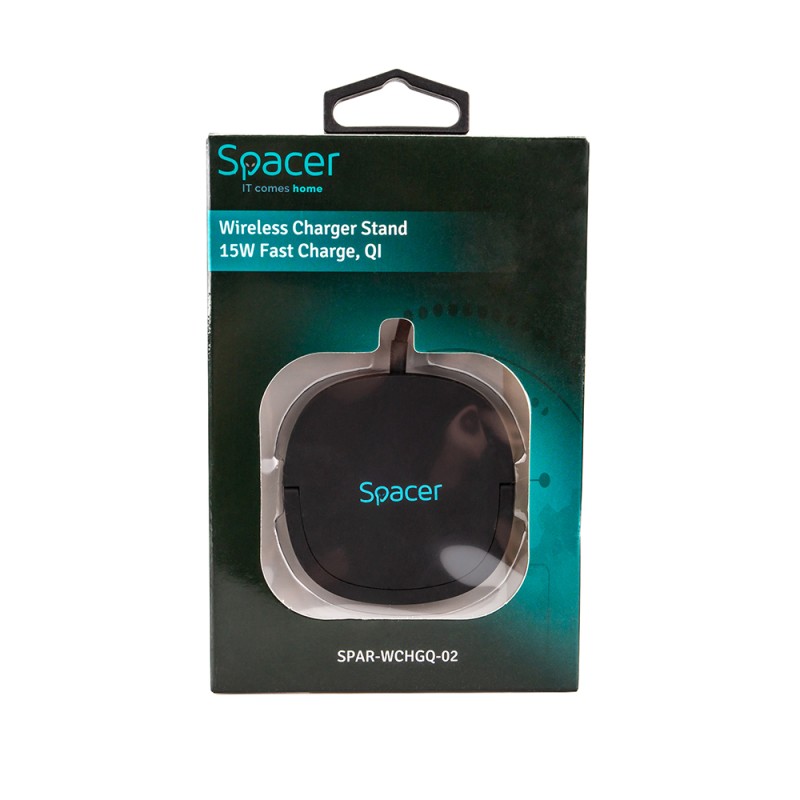 ALIMENTATOR wireless SPACER, Quick Charge 15W Qi, conector Type-C, rol de stand prin prindere magnetica, negru 