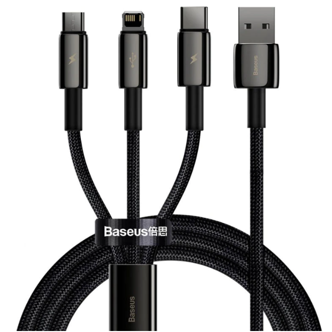 CABLU alimentare si date Baseus Tungsten Gold One-for-three, Fast Charging Data Cable pt.smartphone,USB la Micro-USB+Lightning+USB Type-C 3.5A,braided,1.5 m,negru 