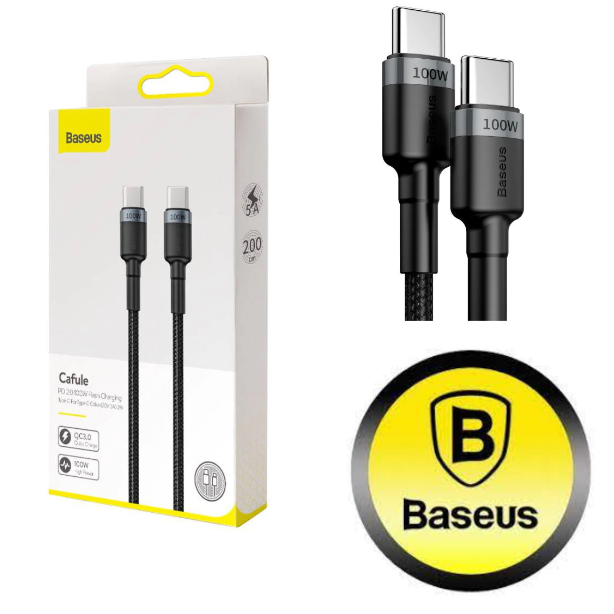 CABLU alimentare si date Baseus Cafule, Fast Charging Data Cable pt. smartphone, USB Type-C la USB Type-C PD2.0 20V/5A, brodat, 2m, gri+negru 