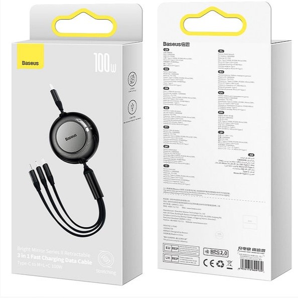 CABLU alimentare si date Baseus Bright Mirror 2 One-for-three Retractable,pt smartphone,USB Type-C la Micro-USB+Lightning+USB Type-C 100W,1.1m,negru 