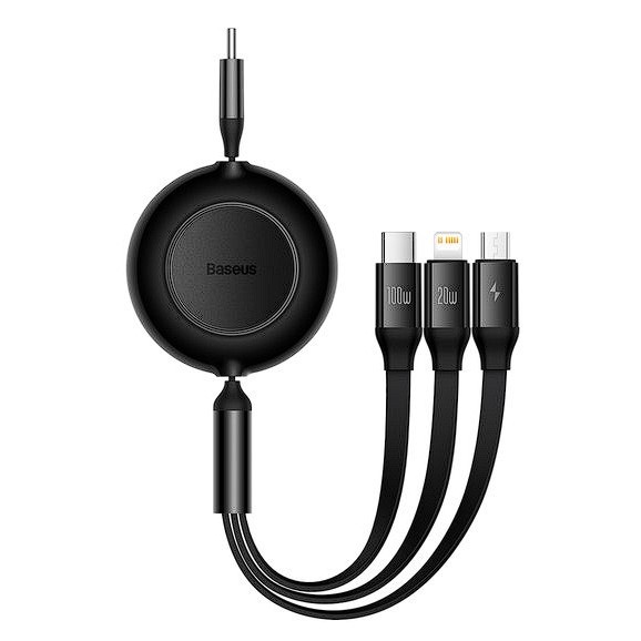 CABLU alimentare si date Baseus Bright Mirror 2 One-for-three Retractable,pt smartphone,USB Type-C la Micro-USB+Lightning+USB Type-C 100W,1.1m,negru 