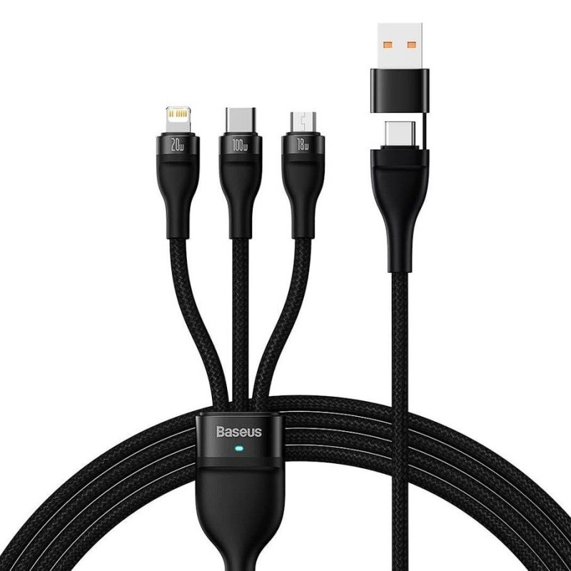 CABLU alimentare si date Baseus Flash Series 2 One-for-three Retractable,pt smartph,USB+USB Type-C la Micro-USB+Lightning+USB Type-C 100W,1.2m,negru 