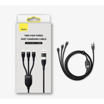 CABLU alimentare si date Baseus Flash Series 2 One-for-three Retractable,pt smartph,USB+USB Type-C la Micro-USB+Lightning+USB Type-C 100W,1.2m,negru 