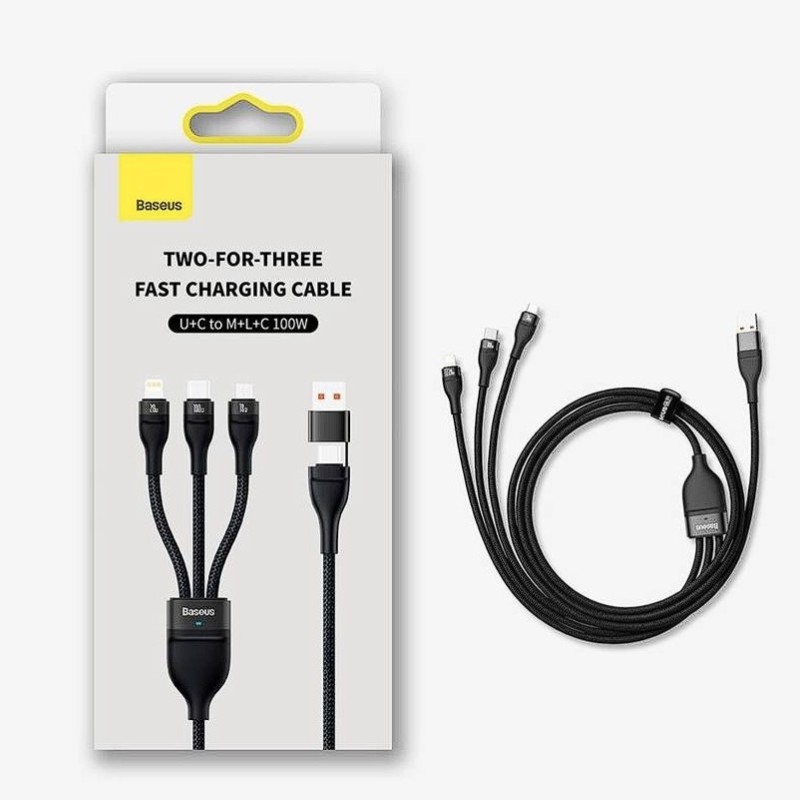 CABLU alimentare si date Baseus Flash Series 2 One-for-three Retractable,pt smartph,USB+USB Type-C la Micro-USB+Lightning+USB Type-C 100W,1.2m,negru 