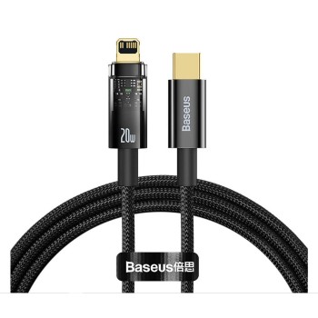 CABLU alimentare si date Baseus Explorer, Fast Charging Data Cable pt. smartphone, USB Type-C la Lightning 20W, 2m,Auto Power-Off,negru transparent 