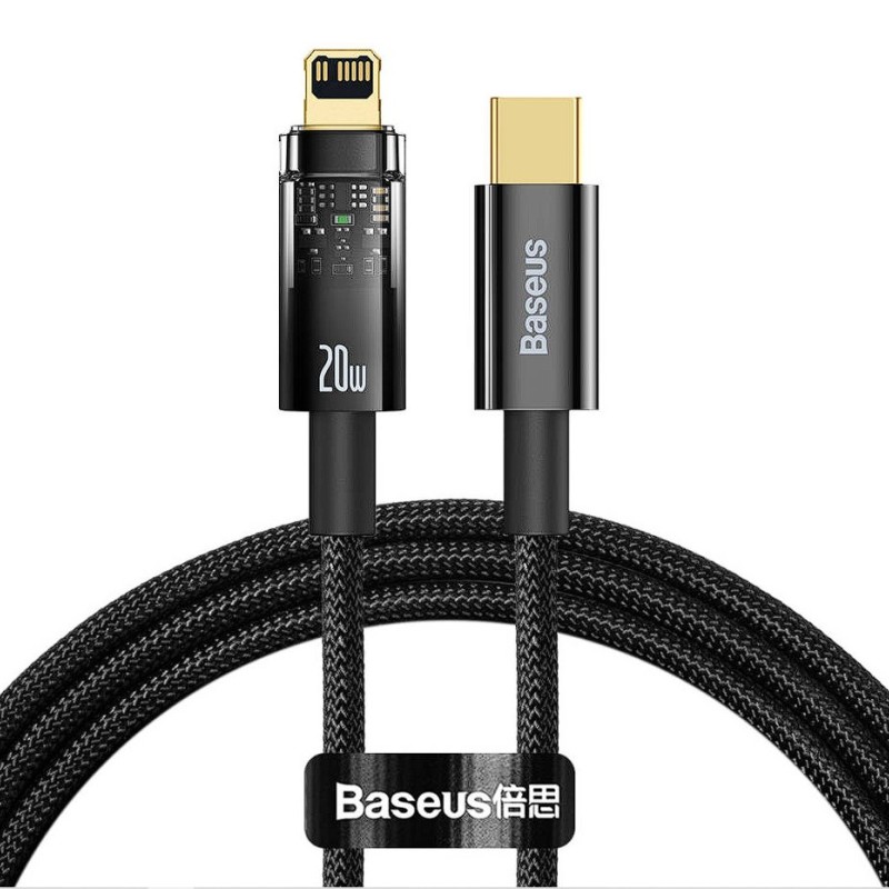 CABLU alimentare si date Baseus Explorer, Fast Charging Data Cable pt. smartphone, USB Type-C la Lightning 20W, 2m,Auto Power-Off,negru transparent 