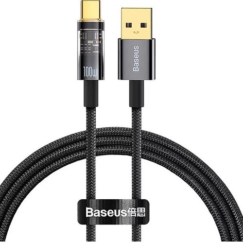 CABLU alimentare si date Baseus Explorer, Fast Charging Data Cable pt. smartphone, USB la USB Type-C 100W, 2m, Auto Power-Off, negru transparent 