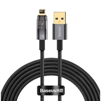 CABLU alimentare si date Baseus Explorer, Fast Charging Data Cable pt. smartphone, USB la Lightning 2.4A, 2m, Auto Power-Off, negru transparent 