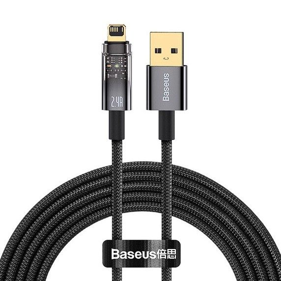 CABLU alimentare si date Baseus Explorer, Fast Charging Data Cable pt. smartphone, USB la Lightning 2.4A, 2m, Auto Power-Off, negru transparent 