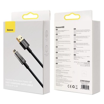 CABLU alimentare si date Baseus Explorer, Fast Charging Data Cable pt. smartphone, USB la Lightning 2.4A, 2m, Auto Power-Off, negru transparent 
