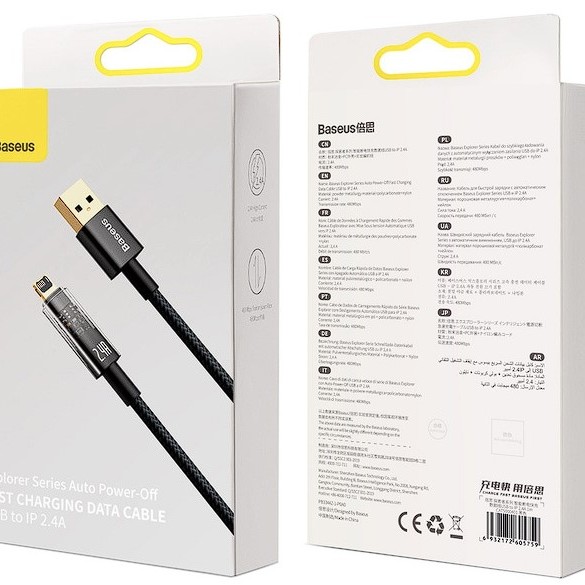 CABLU alimentare si date Baseus Explorer, Fast Charging Data Cable pt. smartphone, USB la Lightning 2.4A, 2m, Auto Power-Off, negru transparent 