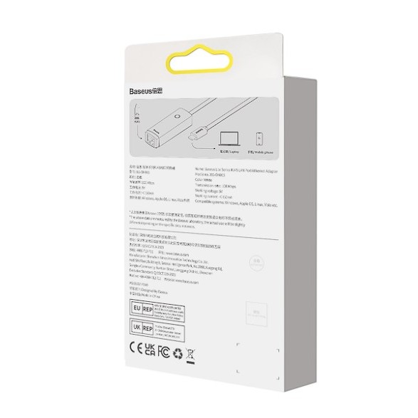 ADAPTOR RETEA Baseus Lite, USB Type-C to RJ-45 10/100 Mbps Adapter, LED, alb 