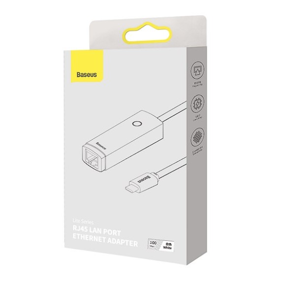 ADAPTOR RETEA Baseus Lite, USB Type-C to RJ-45 10/100 Mbps Adapter, LED, alb 