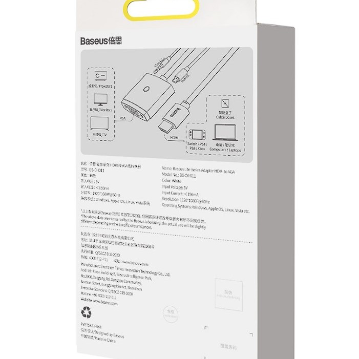 CABLU video Baseus Lite, HDMI (T) la 1 x VGA (M) 1920x1080 la 60Hz, lungime 0.20m, alb 