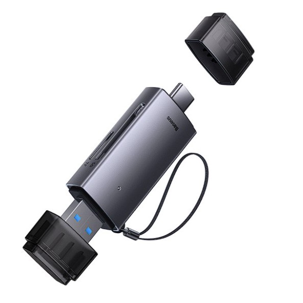CARD READER extern Baseus Lite,interfata USB 3.0/USB Type-C,citeste/scrie:SD,microSD viteza pana la 480Mbps,suporta carduri maxim 512GB,metalic,gri 