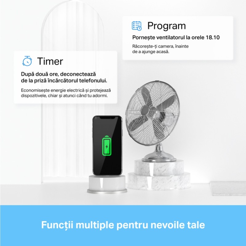 PRIZA inteligenta TP-LINK, Schuko x 1, cu monitorizarea energiei, conectare prin Schuko (T), 16 A, programare prin smartphone, Bluetooth, WiFi, alb 