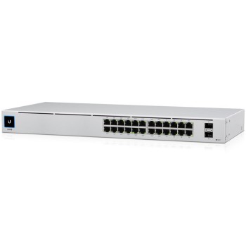 Ubiquiti USW-24-POE Gigabit Layer 2 switch with twenty-four Gigabit Ethernet ports including sixteen auto-sensing 802.3at PoE+ ports, and two SFP ports 