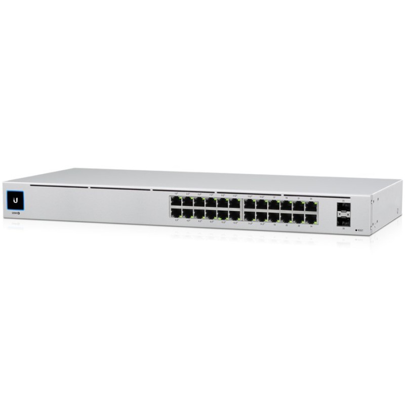 Ubiquiti USW-24-POE Gigabit Layer 2 switch with twenty-four Gigabit Ethernet ports including sixteen auto-sensing 802.3at PoE+ ports, and two SFP ports 