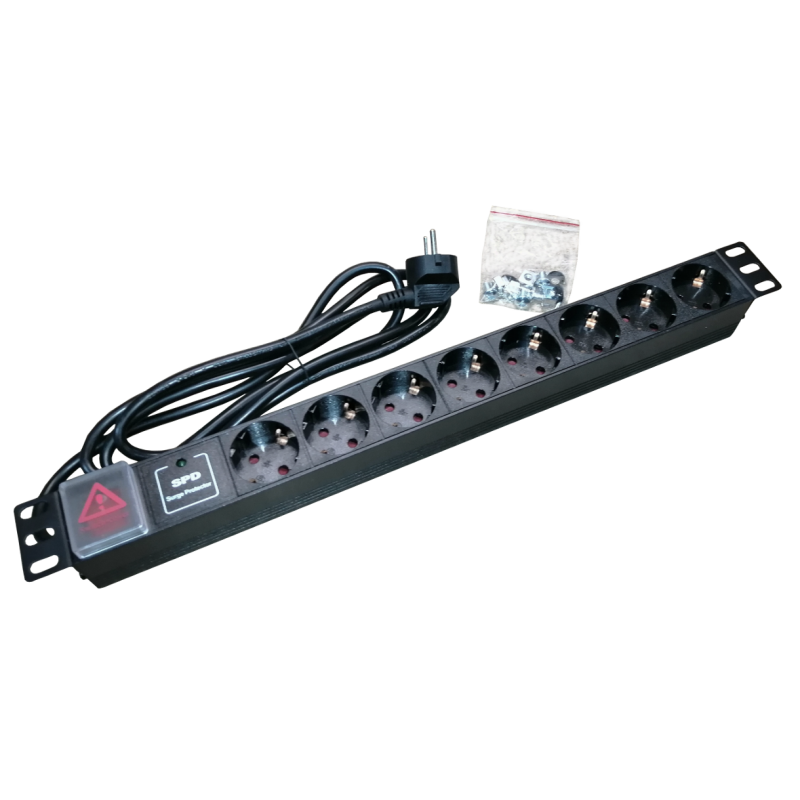 Bara alimentare aluminiu / PDU, 19 inch, 8 prize schuko + switch, protectie la supratensiune, 16A, 3500W, 3x1.5, 2m - EMTEX 