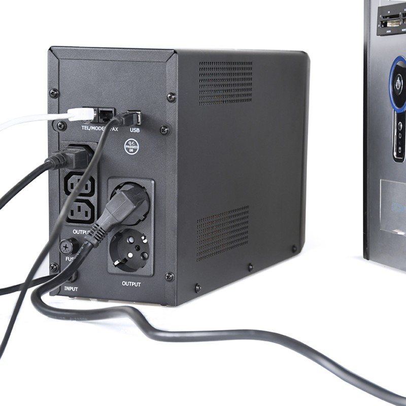 UPS GEMBIRD Line Int. cu sin. simulata, cu management, Tower, LCD, 2000VA/1200W, AVR, 2x Schuko + 3x IEC, baterie 2x 12V/9Ah, incarcare pana la 8h, USB, 2x RJ11, 