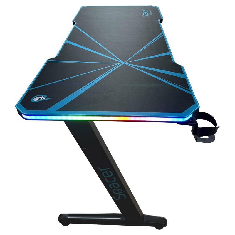 BIROU GAMING Spacer, dimensiuni 1400 x 600 x 18 mm, blat MDF invelit in fibra de carbon cu mousepad pe toata suprafata, suport casti si cana metalice, picioare reglabile manual, RGB, telecomanda wireless 