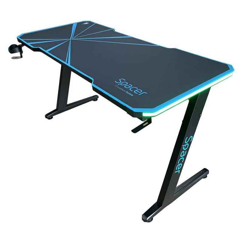 BIROU GAMING Spacer, dimensiuni 1400 x 600 x 18 mm, blat MDF invelit in fibra de carbon cu mousepad pe toata suprafata, suport casti si cana metalice, picioare reglabile manual, RGB, telecomanda wireless 