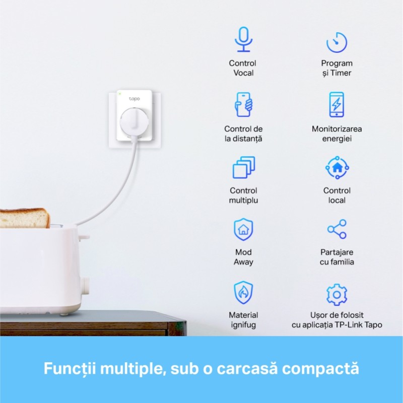 PRIZA inteligenta TP-LINK, Schuko x 1, cu monitorizarea energiei, conectare prin Schuko (T), 16 A, programare prin smartphone, Bluetooth, WiFi, alb 