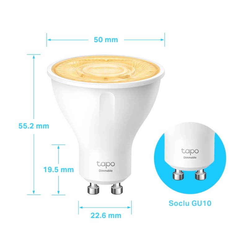 BEC LED wireless TP-LINK, 350lm, 2.9W, fasung GU10, lumina calda 2700K , control prin smartph.cu apl.Tapo, ajustare automata a luminii in fct. de mom zilei 