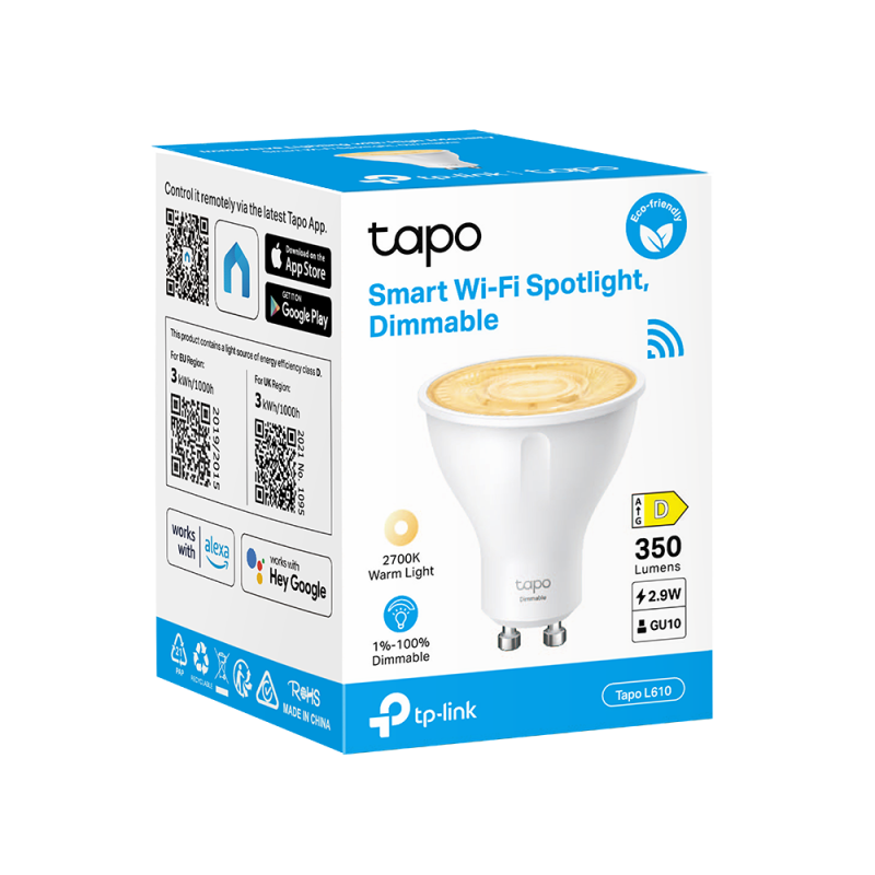 BEC LED wireless TP-LINK, 350lm, 2.9W, fasung GU10, lumina calda 2700K , control prin smartph.cu apl.Tapo, ajustare automata a luminii in fct. de mom zilei 