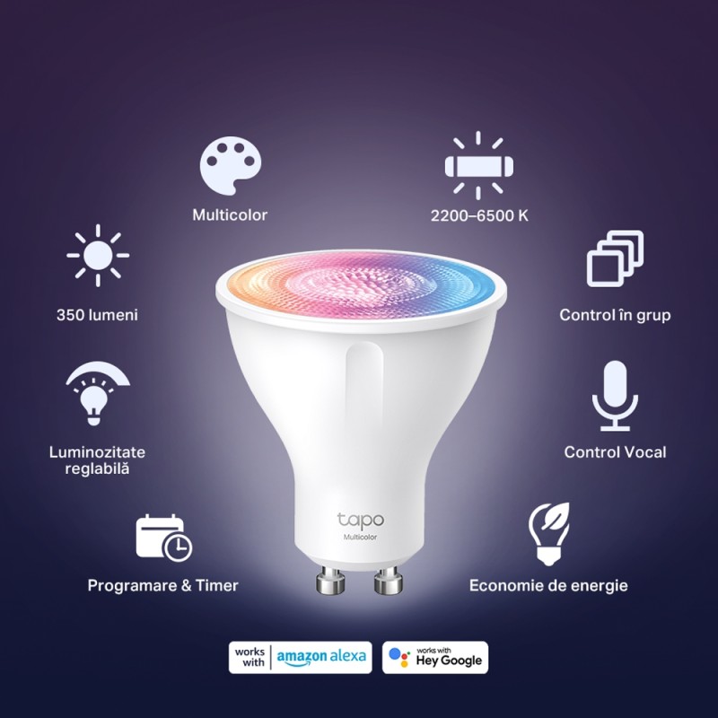 BEC LED wireless TP-LINK, 350lm, 2.9W, fasung GU10, temp culoare 2200K - 6500K,ctr prin smartph.cu apl.Tapo, ajustare auto a luminii in fct. de mom zilei 