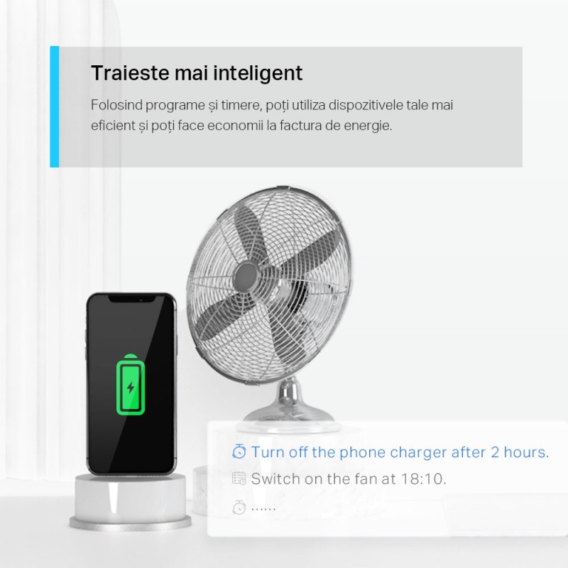 PRIZA inteligenta TP-LINK design compact, Schuko x 1, cu monitorizarea energiei, conectare prin Schuko (T), 16 A, programare prin smartph, BT, WiFi, alb 