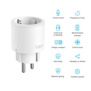 PRIZA inteligenta TP-LINK design compact, Schuko x 1, cu monitorizarea energiei, conectare prin Schuko (T), 16 A, programare prin smartph, BT, WiFi, alb 