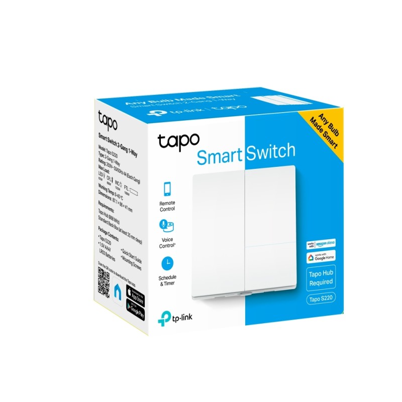 INTRERUPATOR inteligent TP-LINK, necesita hub Tapo H100 pentru functionare, 2 comutatoare,  programare prin smartphone aplicatia Tapo, 2 x baterii AAA, WiFi, alb 