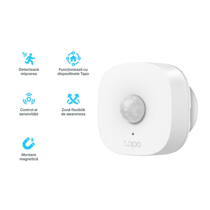 SENZOR SMART de miscare TP-LINK, necesita hub Tapo H100 pentru functionare, raza pana la 7m, programare prin smartphone aplicatia Tapo, 1xbaterii CR2450, WiFi, alb 