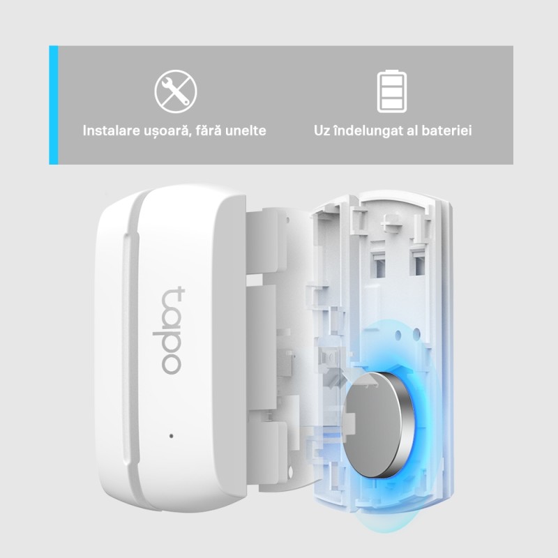 SENZOR SMART de miscare TP-LINK, necesita hub Tapo H100 ptr functionare, securitate pentru ferestre si usi,  progr smartph aplic Tapo, 1xbaterii CR2450, WiFi, alb 