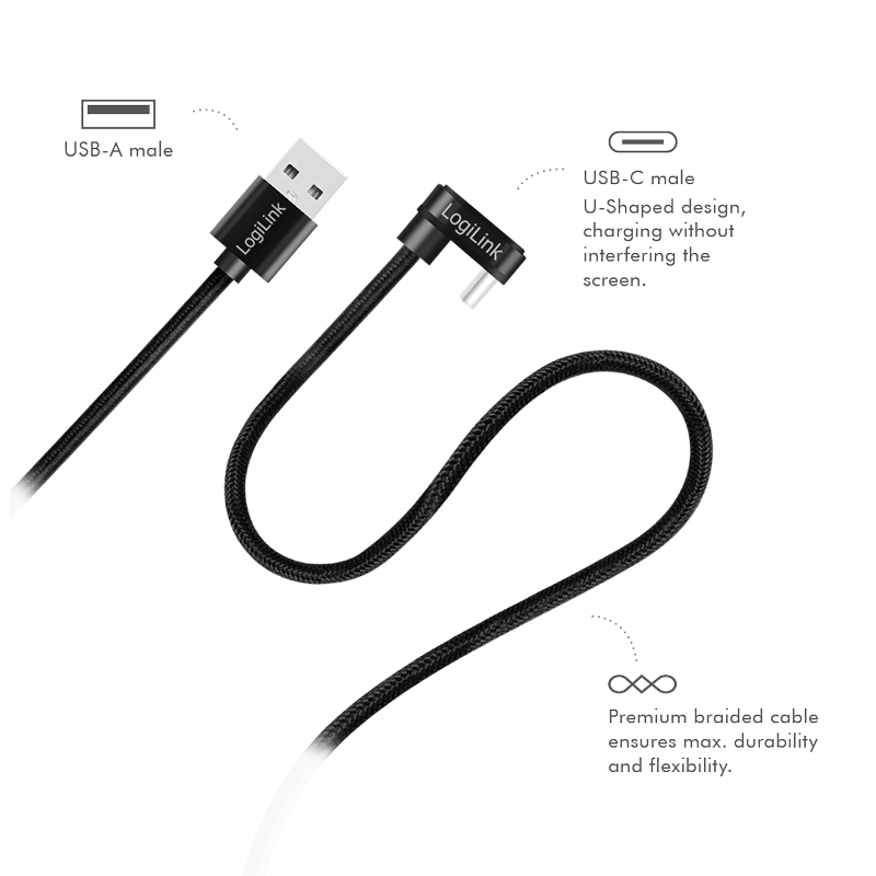 CABLU alimentare si date LOGILINK, pt. smartphone, USB 2.0, USB Type-C (T) la USB-A (T) la 180 grade, 2m, 2 x ecranat, aluminiu, negru, 
