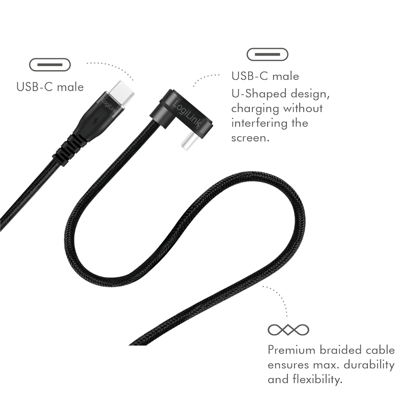CABLU alimentare si date LOGILINK, pt. smartphone, USB 2.0, USB Type-C (T) la USB Type-C (T) la 180 grade, 3m, 2 x ecranat, aluminiu, negru, 